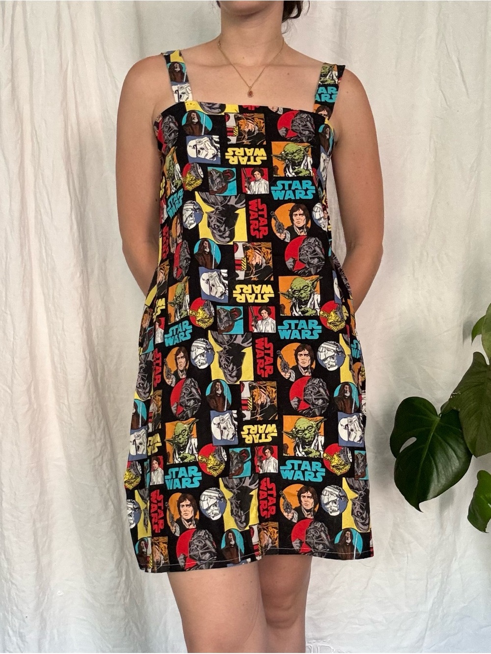 Star Wars Black Sundress with Red Yellow Blue Multi-Color Graphic Print